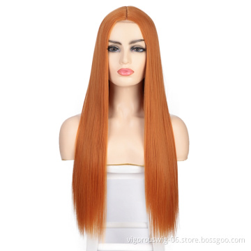 Wholesale Price Long Silky Straight Wave Middle Part Small Part Lace Pre Plucked Orange Cosplay Party Synthetic Hair Wigs